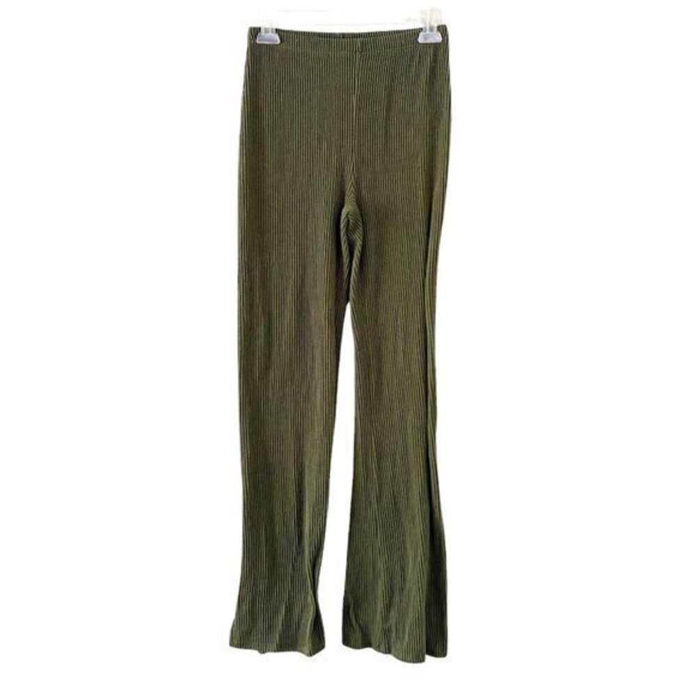 GAZE - Ribbed Olive Green Ankle Slit Flare Soft Stretch Pants - Size Medium